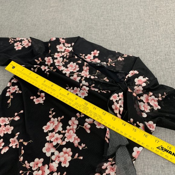 Jessica Max Floral Black Blouse Long Sleeve Mesh Material Tie on the side Neck - Picture 10 of 13